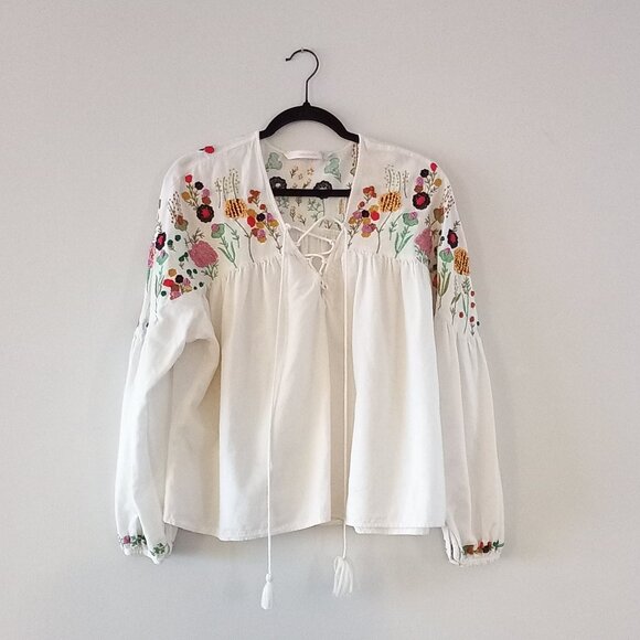 ZARA TRAFALUC cotton multi coloured embroidery puff sleeve blouse - Picture 1 of 11